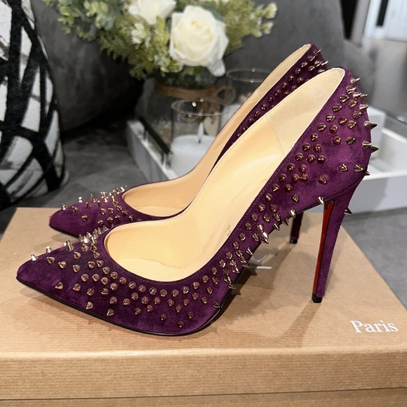 CHRISTIAN LOUBOUTIN Suede Velour Studded Spike Pumps 36 6 100 High Heels Merlot - Picture 4 of 10